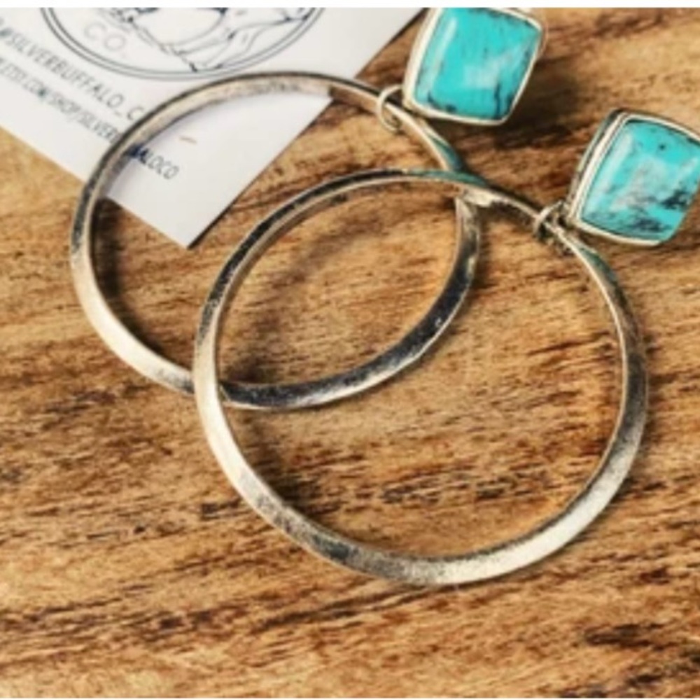 Mesa Hoops Diamond Shape Faux Turquoise Silver Earrings Vintage Western Boho